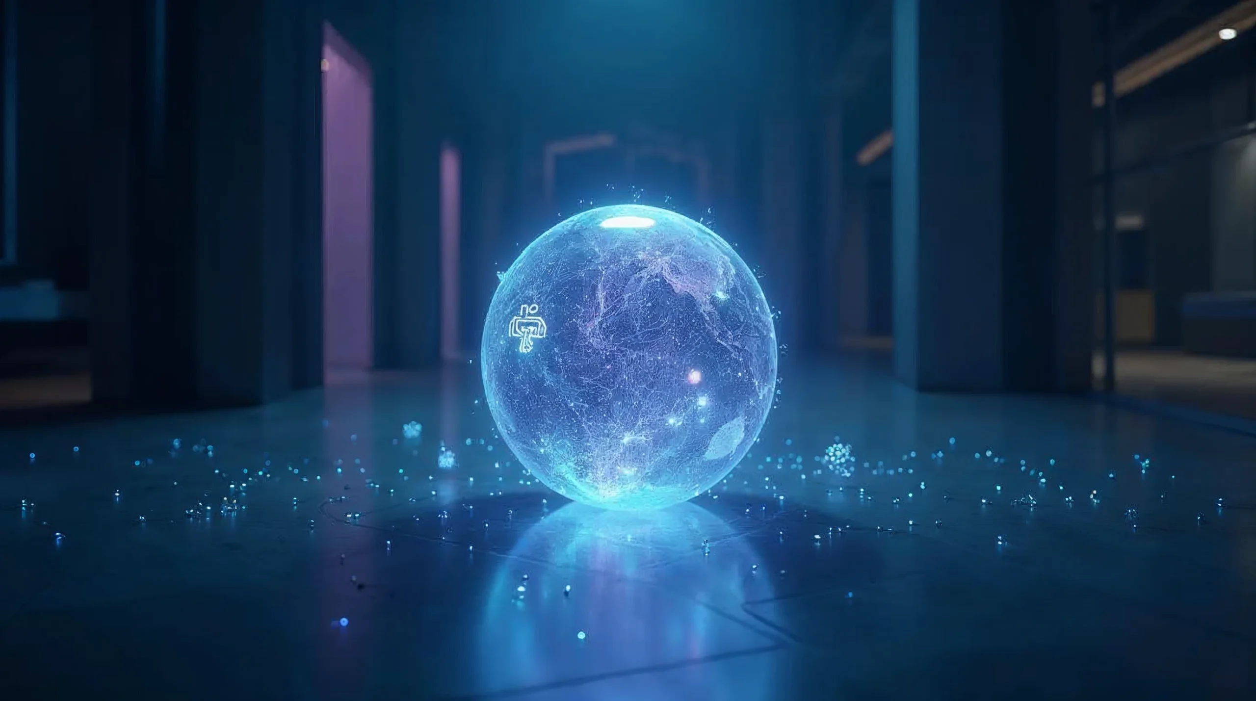 Uma esfera digital brilhante no centro, representando a convergência de inovações tecnológicas como IA, IoT e Metaverso, com projeções holográficas interconectadas em um ambiente futurista.