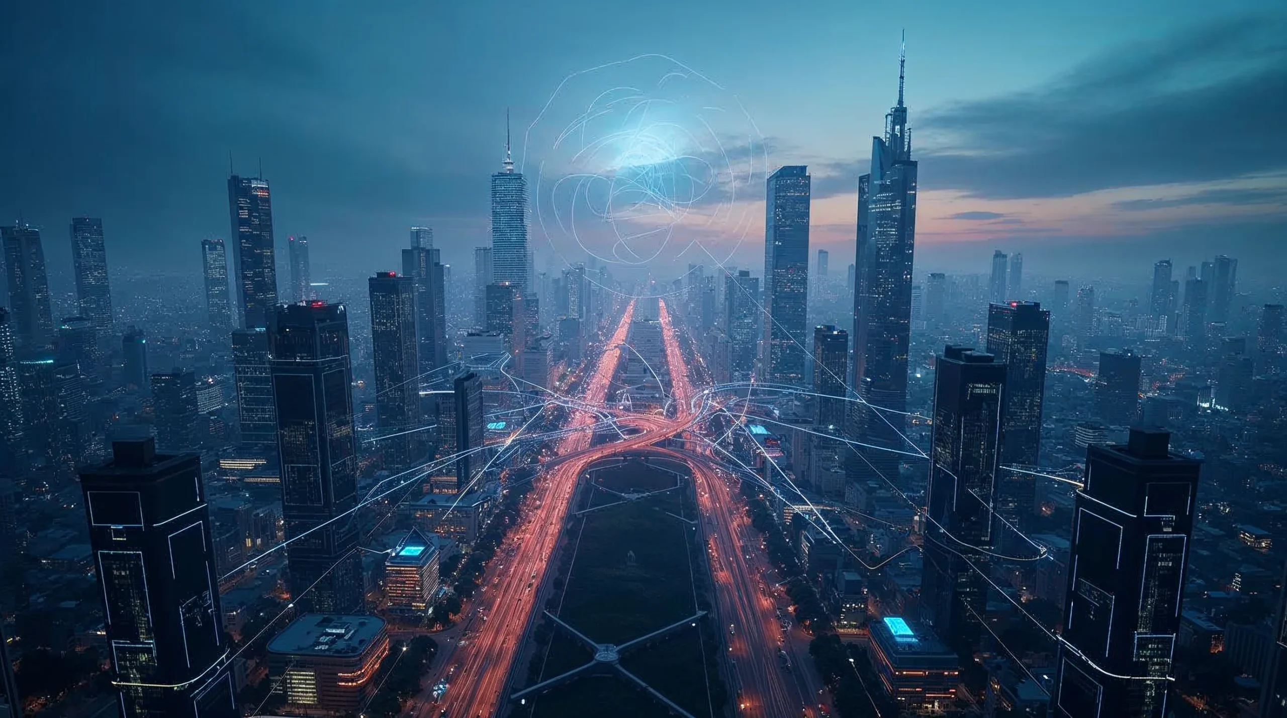 Uma cidade moderna ao entardecer, com linhas de redes neurais brilhantes sobrepostas à arquitetura, simbolizando as forças invisíveis da tecnologia que moldam a sociedade e a economia.