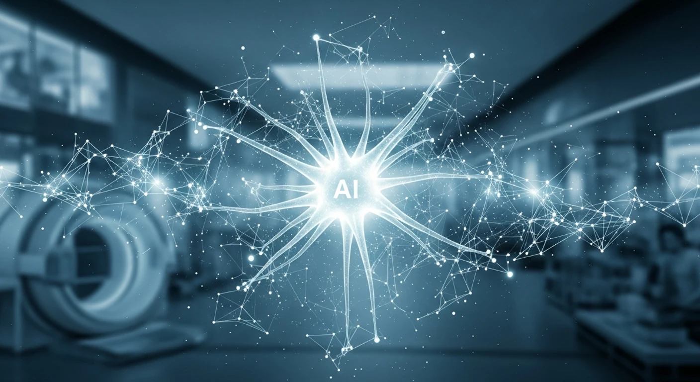 Visualização de uma rede neural brilhante, representando a Inteligência Artificial e Machine Learning, com elementos industriais desfocados ao fundo, ilustrando a transformação de diversos setores.