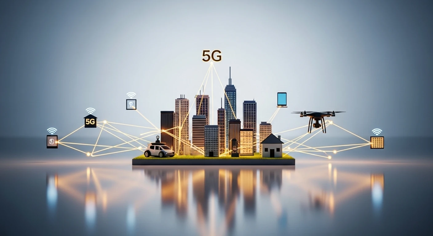 Um diorama detalhado de uma cidade inteligente, com linhas brilhantes conectando dispositivos IoT e veículos autônomos, representando a infraestrutura 5G e a Internet de Tudo.