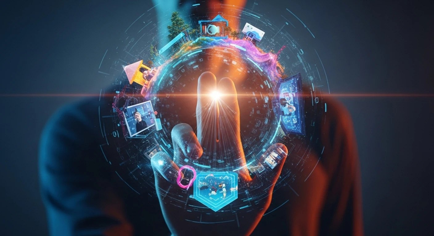 Uma mão humana estendida em direção a um vórtice digital vibrante, simbolizando o Metaverso e as Realidades Estendidas, com paisagens abstratas que misturam interação social, entretenimento, trabalho e educação.