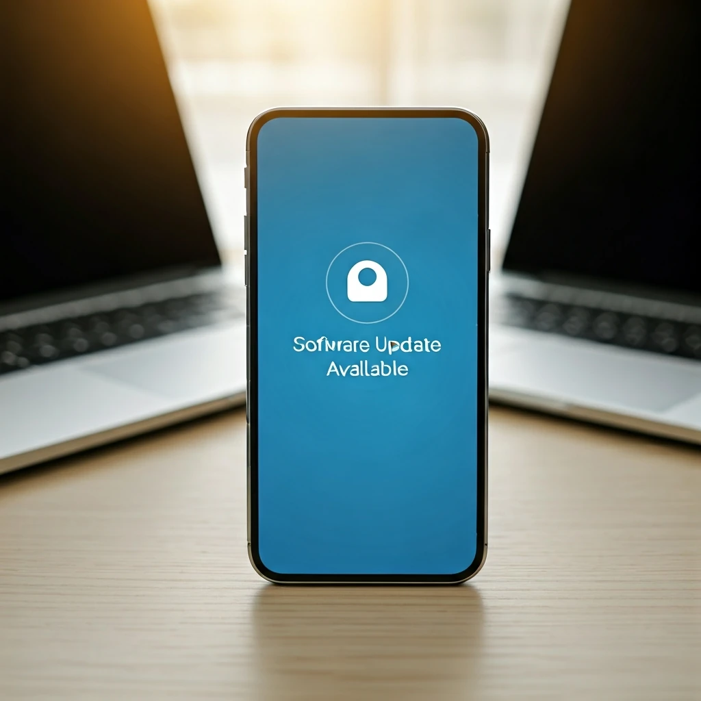 Uma notificação de atualização digital aparece em um smartphone moderno, com um laptop e tablet ao fundo, simbolizando a rotina de atualizações em dispositivos digitais e a decisão do usuário.