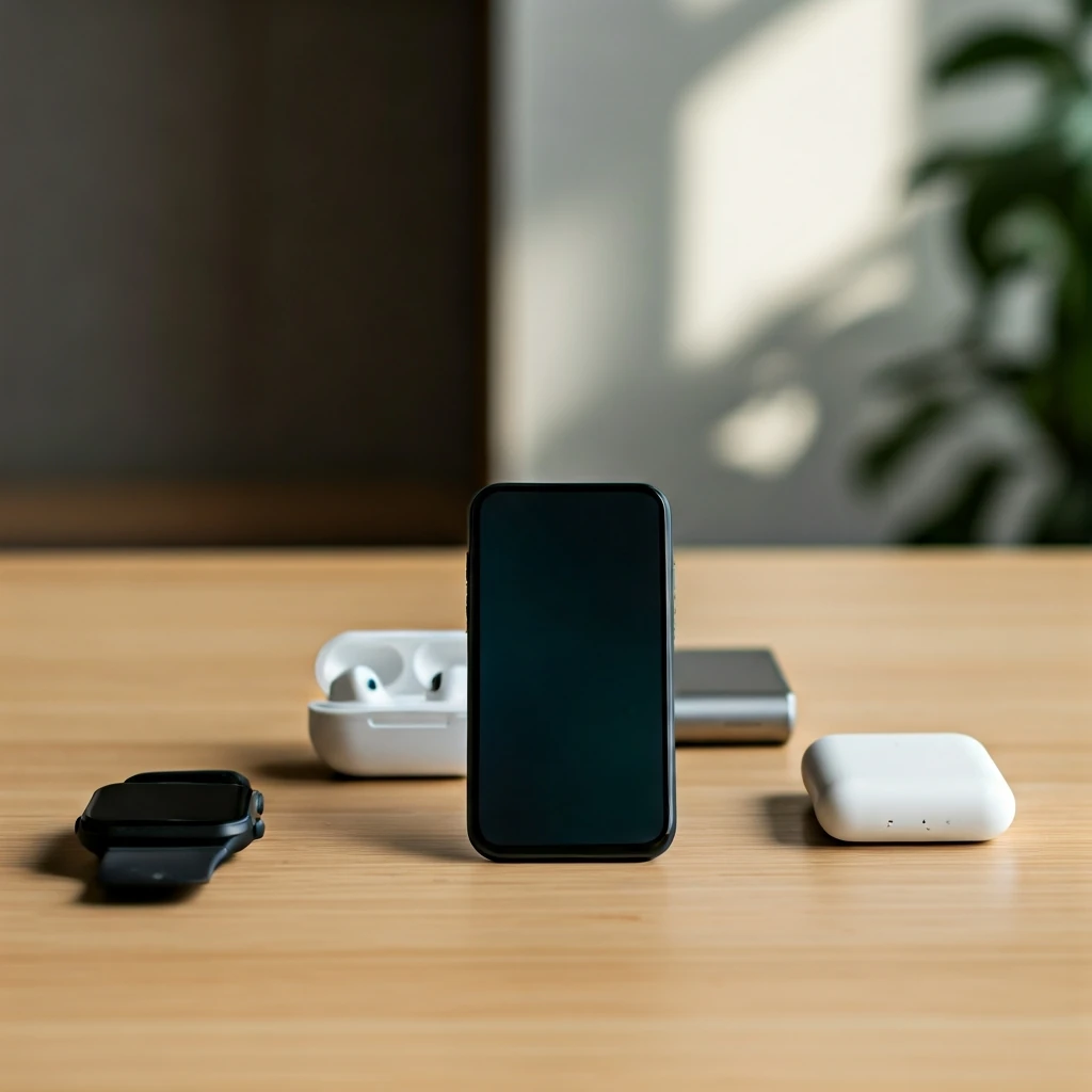 Coleção centralizada de gadgets essenciais para iniciantes em tecnologia, incluindo um smartphone, smartwatch e fones de ouvido sem fio, dispostos em uma mesa de madeira clara sob luz natural difusa.