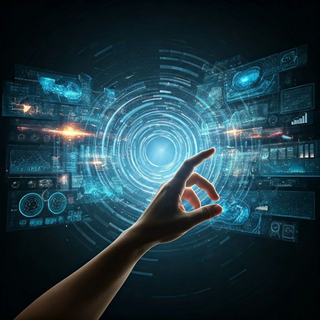 Mão humana interagindo com projeções digitais abstratas, separando visões futuristas de tecnologias reais e atuais, simbolizando a distinção entre mitos e fatos do futuro digital.