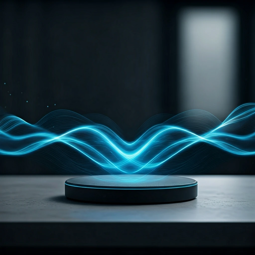A futuristic smart home hub device, glowing with digital blue light, symbolizing the rapid evolution of technology and artificial intelligence in modern homes.