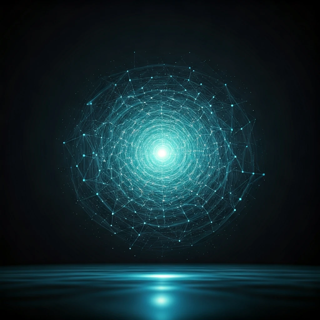 A glowing, interconnected digital network with data streams and nodes, symbolizing the fusion of AI and IoT, with subtle holographic and quantum computing elements in a futuristic dark environment.