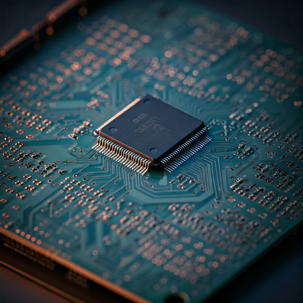 Close-up of a glowing microchip on a complex circuit board, symbolizing digital innovation.
