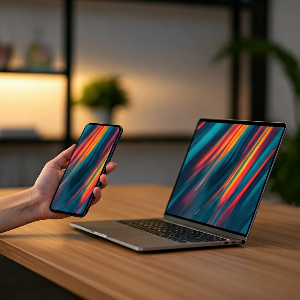 Close-up of a person's hand holding a smartphone next to an open laptop, both displaying abstract digital interfaces on a wooden desk.