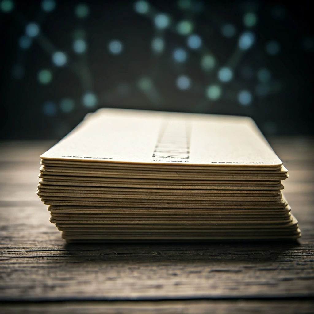 A stack of old punch cards with digital ether in the background, representing the evolution of software.