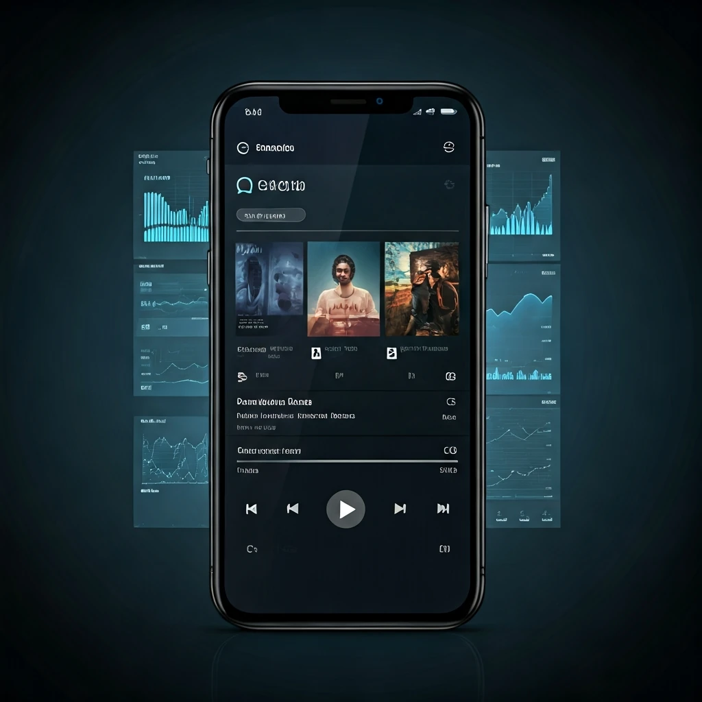 A smartphone screen displaying AI-powered features like a personalized music playlist and a voice assistant interface, with subtle data visualizations in the background.